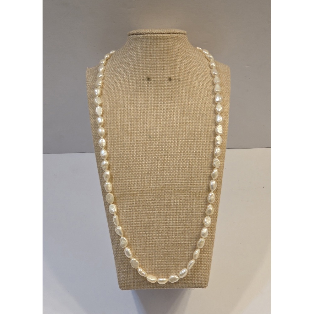 Vintage 24" Hand Knotted Off-white Baroque Pearl Necklace Sterling Silver Clasp